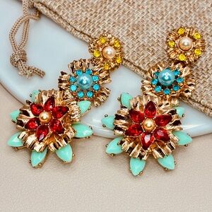 Elegant Gold and Multicolor Floral Stud Drop Statement Earrings